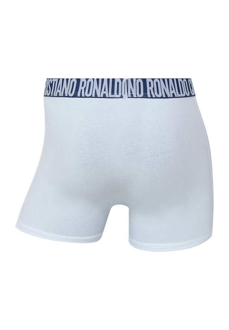 Calzoncillos boxer blancos con cintura azul marino que presenta el texto "CRISTIANO RONALDO". Textura suave y diseño ajustado para mayor comodidad.