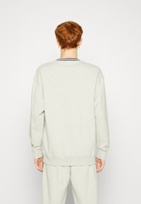 Hellgrauer Pullover mit langen Ärmeln, Rundhalsausschnitt, geripptem Kragen und Bündchen. Aus weichem Stoff gefertigt und mit einem lässigen Schnitt.