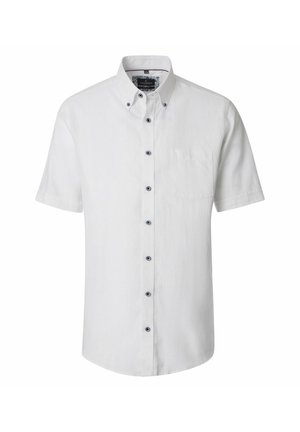 Weißes Kurzarmhemd mit Knöpfen, Button-Down-Kragen und Brusttasche, auf weißem Hintergrund dargestellt.