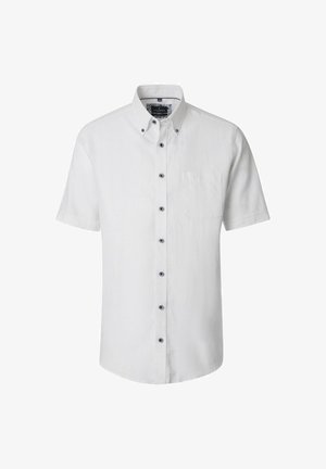 Weißes Kurzarmhemd mit Knöpfen, Button-Down-Kragen und Brusttasche, auf weißem Hintergrund dargestellt.