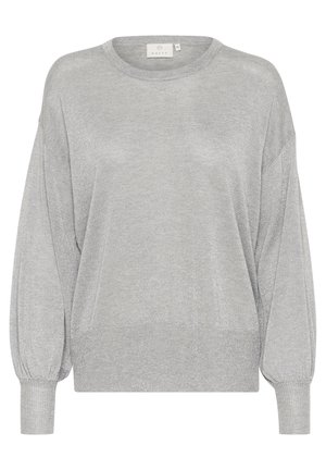 Grå stickad tröja med lös passform, vida ärmar och ribbade mudd. Har en rund halsringning och en mjuk, glittrande textur.