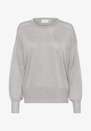 Pilkas megztinis su laisvu siluetu, plačiomis rankovėmis ir raukinėtomis apykaklėmis. Turi apvalią iškirptę ir švelnių, blizgančių tekstūrų.