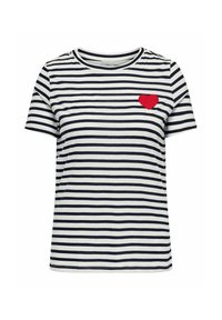 Stripet t-skjorte med marineblå og hvite horisontale striper, korte ermer, rund hals, og rød hjertebroderi på brystet.