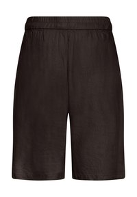 Shorts marron foncé à coupe ample avec une taille élastique et une finition de tissu lisse légèrement texturée.