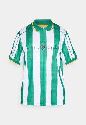 Tricou polo cu dungi verzi și albe, cu guler, având un accent galben pe mâneci și un logo central cu inscripția „NIKE GOLF”.