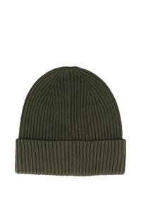 Pletená čepice v temně olivově zelené barvě. Má ribovanou texturu a ohnutý lem pro větší teplo a styl. Měkký, elastický materiál.