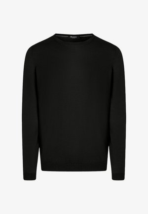 Suéter negro de manga larga con cuello redondo, puños y dobladillo acanalados, mostrado sobre un fondo blanco liso.