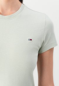 Lys grøn bomulds t-shirt med rund halsudskæring og korte ærmer, prydet med et lille broderet logo i sort, rød og hvid på brystet.