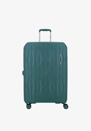 Valigia rigida color turchese con motivi geometrici, quattro ruote girevoli e un manico telescopico estensibile.