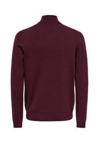 Pull à manches longues bordeaux foncé avec col montant, poignets et ourlet côtelés, vu de dos sur fond blanc.