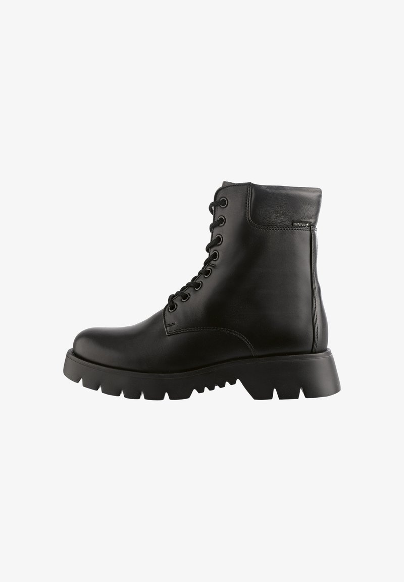 Schwarze Leder-Ankle-Boots mit runder Zehenform, robuster Gummisohle und Schnürsystem an der Vorderseite. Sie verfügen über eine glatte Textur und minimale Akzente.