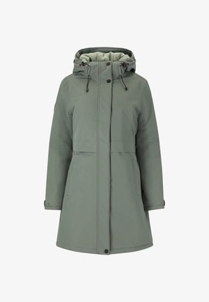 Veste verte imperméable avec capuche, poches avant et cordons ajustables. Texture lisse et design à fermeture éclair/bouton.