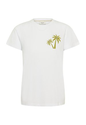Tricou alb cu mâneci scurte și guler rotund, având două modele mici de palmieri aurii-verzi pe partea stângă a pieptului.