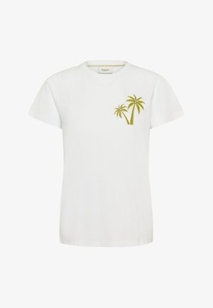 Tricou alb cu mâneci scurte și guler rotund, având două modele mici de palmieri aurii-verzi pe partea stângă a pieptului.