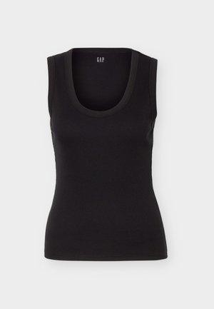 Zwarte mouwloze geribde tanktop met ronde halslijn en aansluitende pasvorm, met het label GAP aan de binnenkant van de achterkraag.