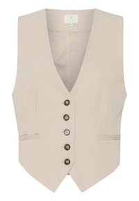 Veste sans manches beige en tissu lisse, avec un col en V profond, cinq boutons de nuances variées, et deux poches latérales.