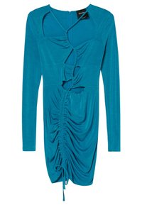 Robe turquoise à manches longues avec détails froncés, découpes et ourlet à cordon de serrage pour une longueur ajustable. Tissu doux avec une texture lisse.