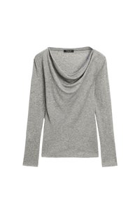 Gray long-sleeve top with a draped neckline and soft, smooth texture. Simple design without patterns or accents. Standard fit.