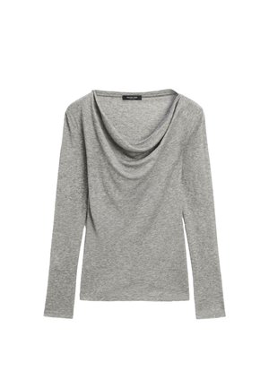 Gray long-sleeve top with a draped neckline and soft, smooth texture. Simple design without patterns or accents. Standard fit.