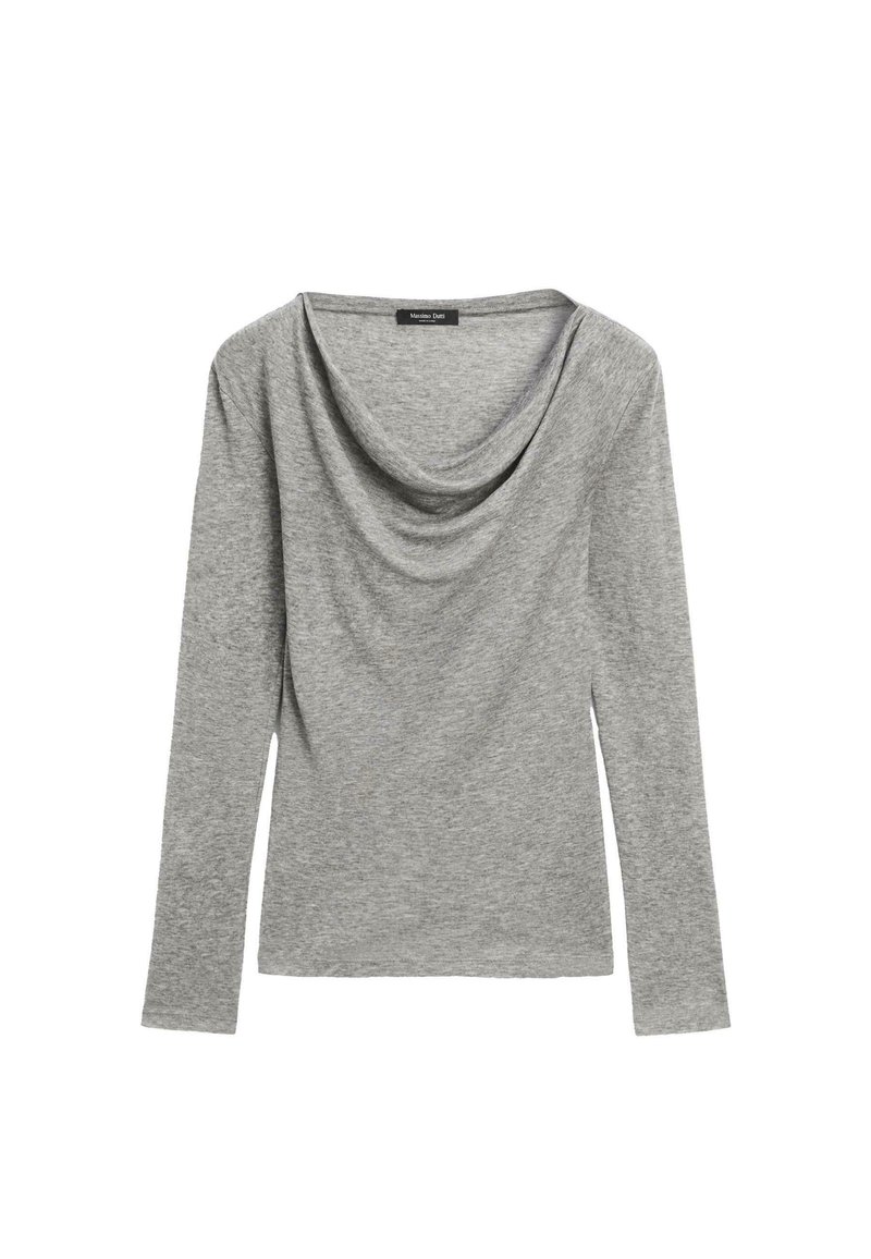 Gray long-sleeve top with a draped neckline and soft, smooth texture. Simple design without patterns or accents. Standard fit.