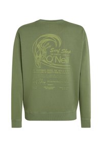 Olijfgroene sweatshirt met lange mouwen, ronde hals en textuurstof, voorzien van een grote witte graphic print op de achterkant.