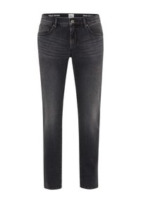 Jeans en denim gris foncé avec une coupe slim, design à cinq poches, motif légèrement décoloré, fermeture éclair et bouton métallique.