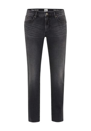 Jeans en denim gris foncé avec une coupe slim, design à cinq poches, motif légèrement décoloré, fermeture éclair et bouton métallique.