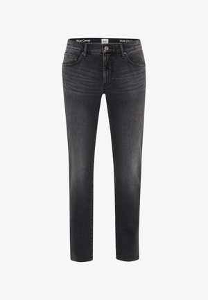 Dark gray denim jeans with a slim fit, five-pocket design, subtle faded pattern, zip fly closure, and metal button detailing.
