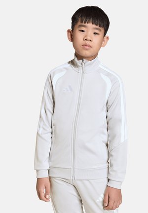 Dreng iført en lysegrå Adidas træningsdragt med en lynlåstrøje og matchende bukser, stående foran en ensfarvet hvid baggrund.