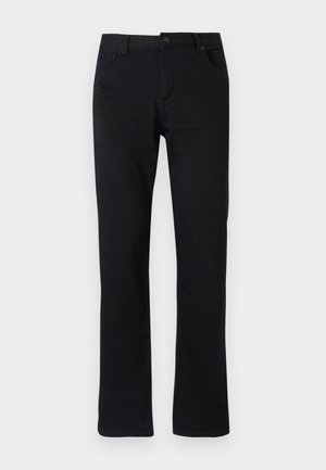 Černé džíny rovného střihu vyrobené z denimové látky. Mají zapínání na zip, pět kapes a nenápadné prošívání. Rovný pás s poutky na opasek.