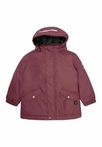 Parka giacca bordeaux con cappuccio, dotata di una fodera nera, due tasche frontali e dettagli in metallo dorato. Striscia riflettente sul cappuccio.