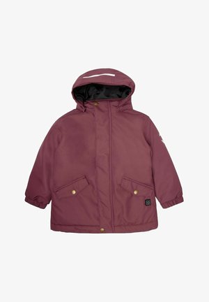 Burgundy parka dzseki kapucnival, fekete béléssel, két elülső zsebbel és aranyszínű kiegészítőkkel. Reflektáló csík a kapucnin.