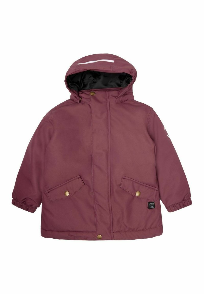 Parka giacca bordeaux con cappuccio, dotata di una fodera nera, due tasche frontali e dettagli in metallo dorato. Striscia riflettente sul cappuccio.