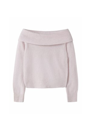 Pull en maille rose pâle épaules dénudées avec manches longues et large col replié.