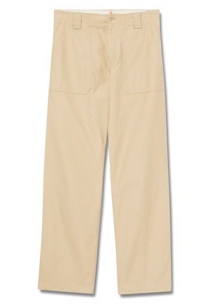 Beige cotton trousers with a straight-leg design, featuring two front pockets and a button closure. Smooth texture, casual style.