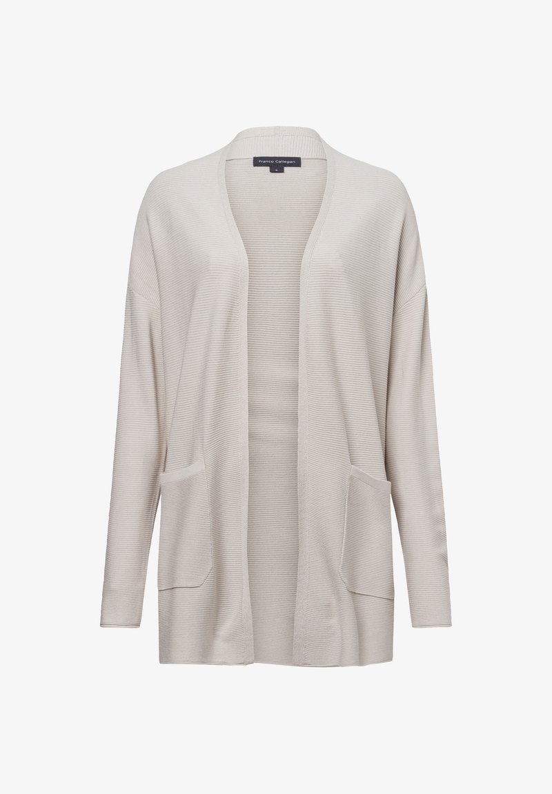 Helle beige offene Strickjacke mit langen Ärmeln, gerippter Textur und zwei vorderen Taschen. Hergestellt aus einem weichen, bequemen Stoff.