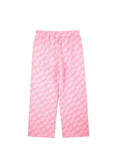 Pantalons larges roses ornés d'un motif à logo blanc répété. Tissu doux avec une taille élastique pour le confort.