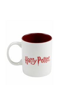 White ceramic mug with a red interior, featuring "Harry Potter" text in red font on the exterior. Rounded shape and sturdy handle.