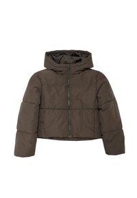 Abgeschnittene Steppjacke in Dunkelbraun, mit Kapuze, Frontreißverschluss und gesteppten Details an den Ärmeln. Glattes, leichtes Material.