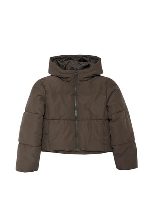 Korte pufferjas in donkerbruin, voorzien van een capuchon, een rits aan de voorkant en gestikte details op de mouwen. Glad, lichtgewicht materiaal.