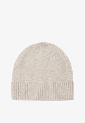 Beanie lavorato a maglia beige con risvolto a coste, realizzato in materiale morbido e testurizzato. Design semplice senza ulteriori decorazioni.