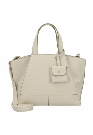 Sac à main en cuir beige de forme trapézoïdale, avec deux poignées et une petite pochette amovible, présentant une texture lisse et un design minimaliste.