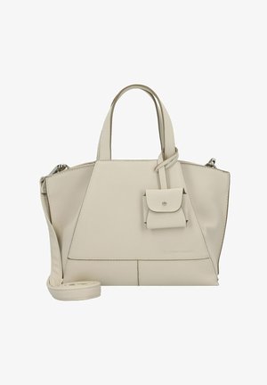 Bolso de mano de cuero beige con forma trapezoidal, dos asas y un pouch más pequeño desmontable, con textura lisa y diseño minimalista.