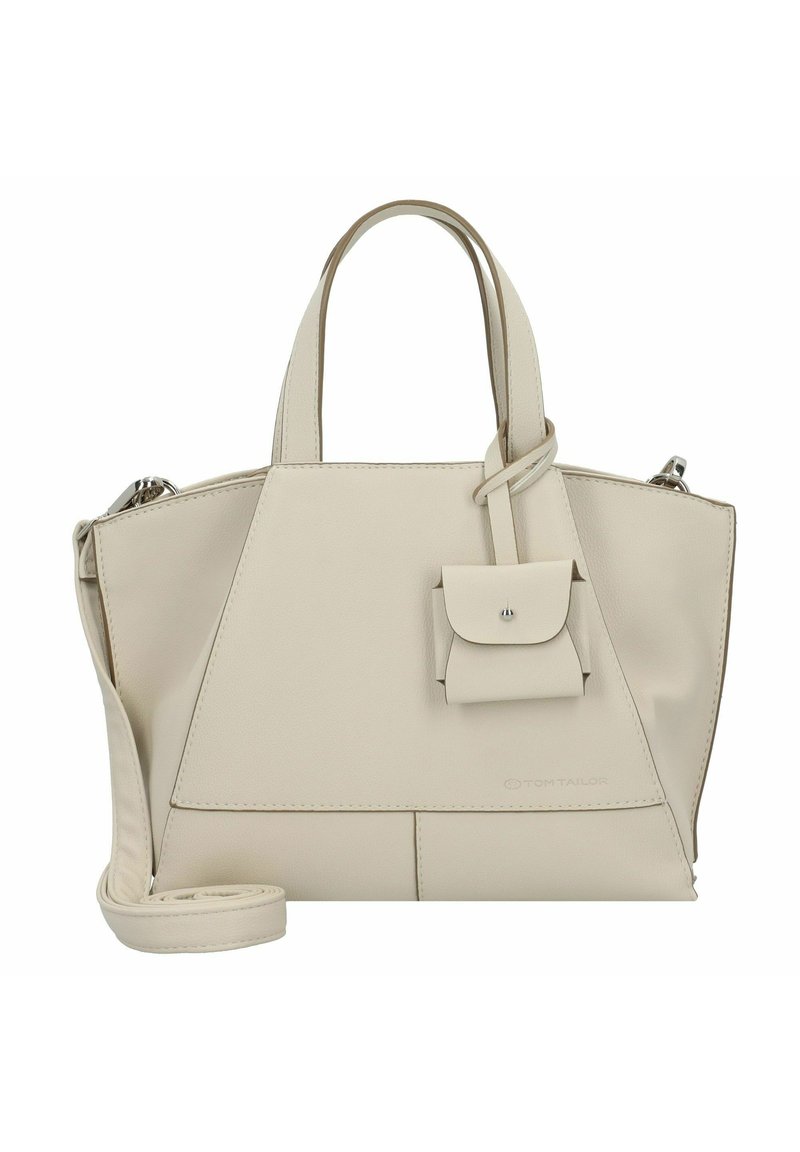 Sac à main en cuir beige de forme trapézoïdale, avec deux poignées et une petite pochette amovible, présentant une texture lisse et un design minimaliste.