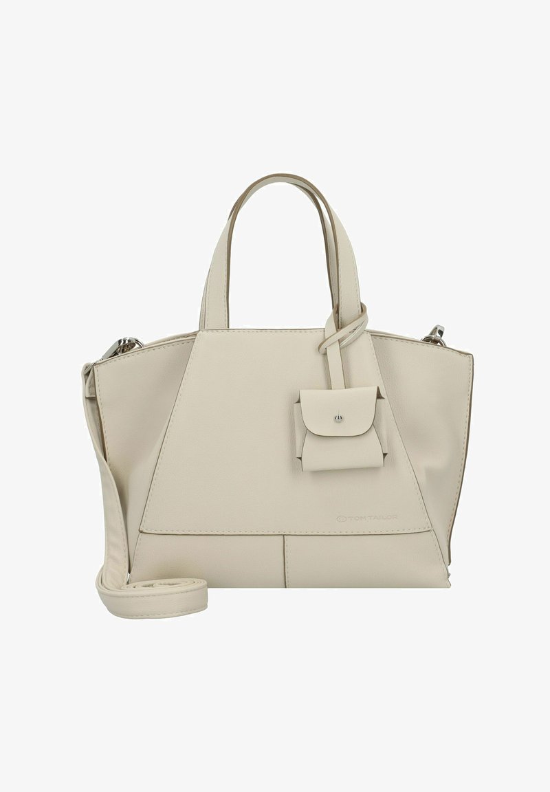 Sac à main en cuir beige de forme trapézoïdale, avec deux poignées et une petite pochette amovible, présentant une texture lisse et un design minimaliste.