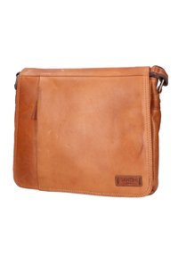 Borsa a messaggero in pelle marrone con una superficie liscia, forma rettangolare e logo frontale. Presenta una tracolla e una tasca laterale.