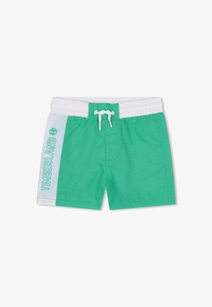 Shorts de bain verts et blancs avec une ceinture élastique, un cordon blanc et le logo "Timberland" sur le panneau latéral gauche.