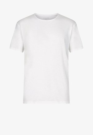 Weißes kurzärmliges T-Shirt aus leichtem Stoff, mit Rundhalsauschnitt und einem lässigen Schnitt, der subtile Textur- und Nähdetails aufweist.