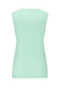 Mintgroene, mouwloze top met een ronde halslijn en een gladde, lichte stof. De achterkant heeft een eenvoudig, strak ontwerp.