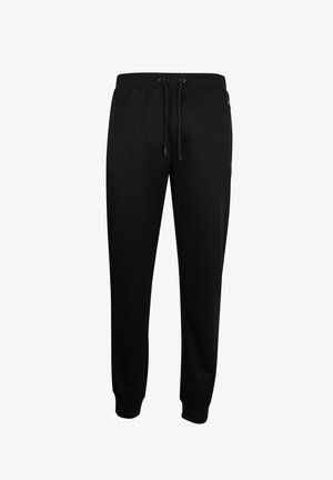 Schwarze Jogginghose aus weich gewebtem Stoff, mit einem elastischen Bund und Kordelzug, seitlichen Taschen und gerippten Bündchen an den Knöcheln.